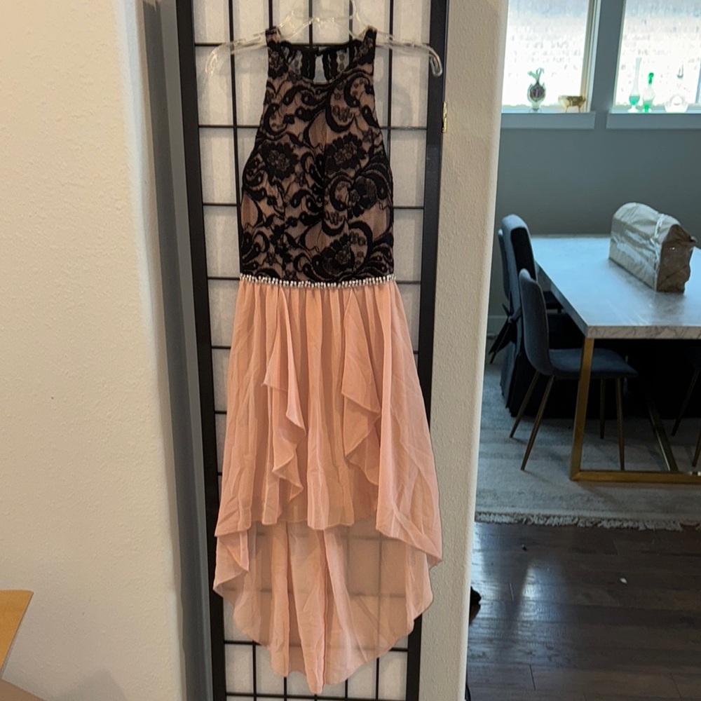 J Kristopher Black Lace and Blush Pink Chiffon Hi-Low Dress